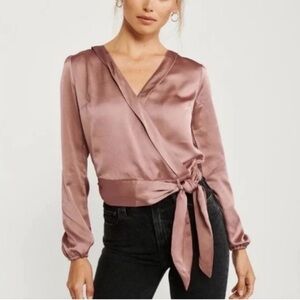 Abercrombie & Fitch satin long sleeve tie front blouse in a mauve color